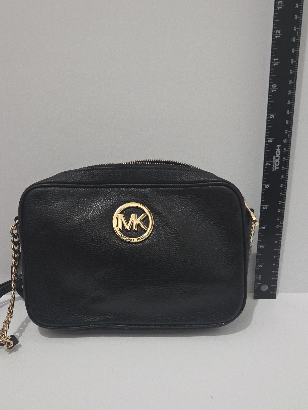 Michael Kors Black Leather Crossbody with Gold MK Emblem
